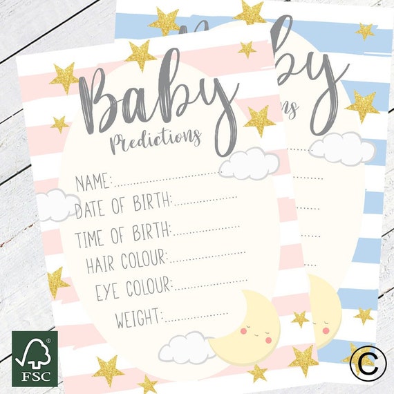 Baby Shower PREDICTION /& ADVICE Game 16 A6 Size Game for Guests Boys //Girls