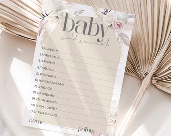 Baby Shower Games Boho Pampas Theme - Baby Shower Games Word Scramble Cards -Pampas Baby Shower Games Gender Reveal Party Favours Unisex
