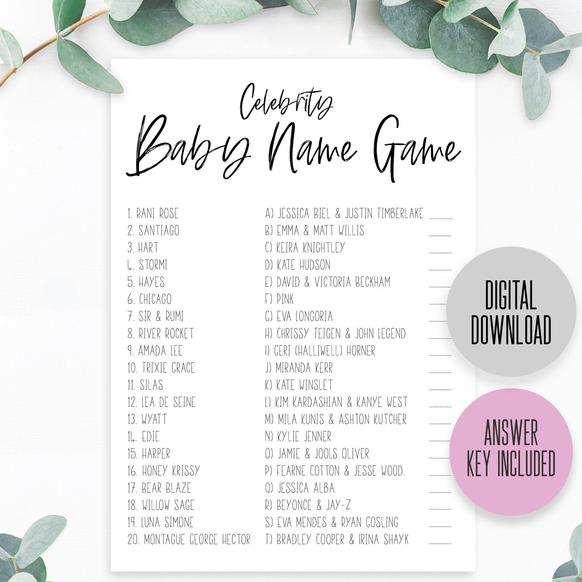 PRINTABLE Baby Shower Minimal Theme Celebrity Baby Name Game - Etsy