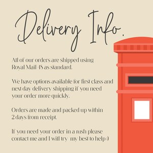 May include: A graphic with the text "Delivery Info." and additional text about shipping options. A red mailbox is on the right side of the image. The background is a light beige color.