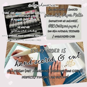 May include: Image showcasing the production process of cards. Text highlights 4K inkjet printing for vivid colors, genuine inks for longevity, and hand-scoring for a perfect finish. Paper is sourced from UK mills.
