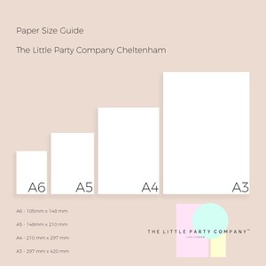 May include: A paper size guide with four white rectangular sheets labeled A6, A5, A4, and A3. The A6 size is 105mm x 148 mm, A5 is 148mm x 210 mm, A4 is 210 mm x 297 mm, and A3 is 297 mm x 420 mm. The text "Paper Size Guide" and "The Little Party Company Cheltenham" are at the top.