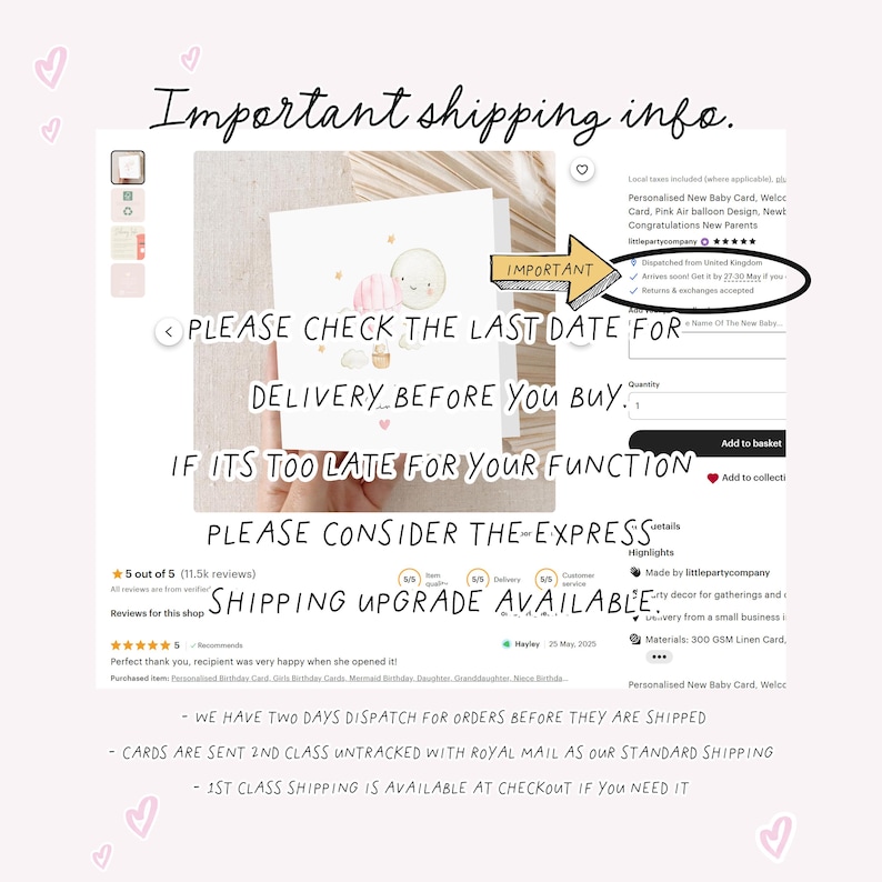 May include: A greeting card with a pink and gold hot air balloon design. The card has the text "Important shipping info." and "PLEASE CHECK THE LAST DATE FOR DELIVERY BEFORE YOU BUY." The card is for a new baby.