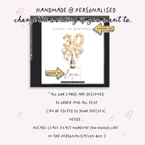 May include: A personalized birthday card design with the text "HAPPY 30TH BIRTHDAY" and the name "Emm". The card features gold balloon illustrations and the text "CHANGE ME!" on arrows. The card is designed to order.