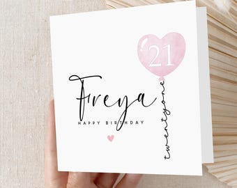 Personalised 21st Birthday Card, Special Milestone Card, Birthday Card For Daughter, Friend, Niece, Pink Heart Balloon 21, Twenty First