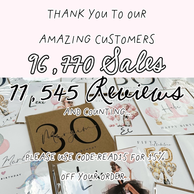 May include: Image featuring birthday cards with various designs, including balloons and illustrations. Text reads "THANK You To Our AMAZING CUSTOMERS" and highlights sales and reviews. A discount code is also displayed.