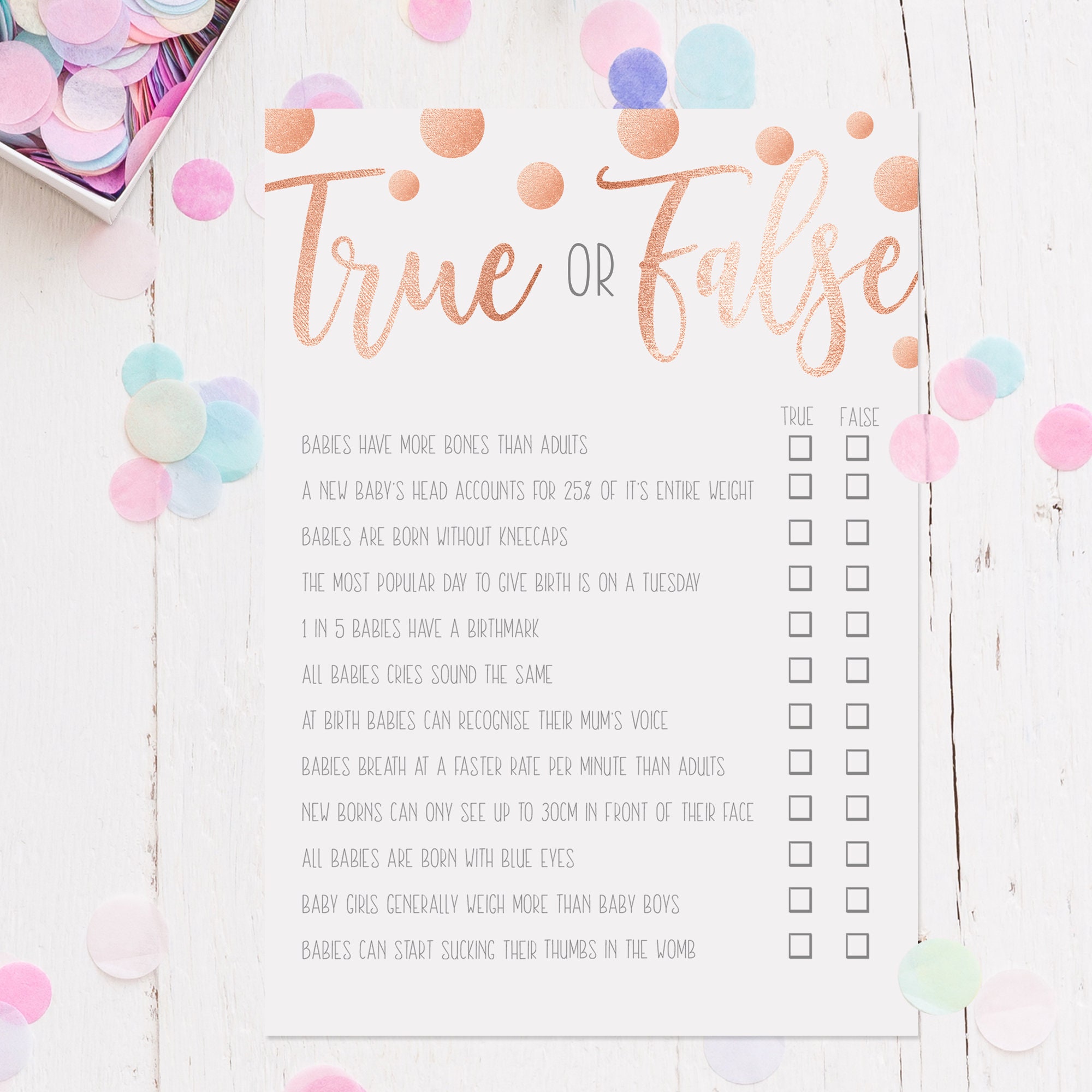 Baby Shower Trivia True or False Cards Rose Gold Polka Dot Etsy