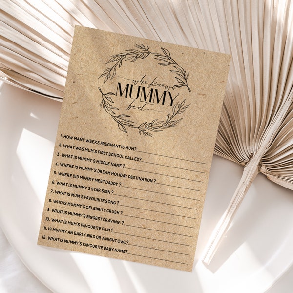 Baby Shower Who Knows Mummy Best Game Botanical KRAFT Tea Party Design New Mum To Be Gender Reveal Party Games Favours Ideas / Keepsake