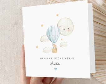 Personalised New Baby Card, Welcome To The World Card, Blue Air balloon Design, Newborn Baby, Congratulations New Parents, Kraft Envelope