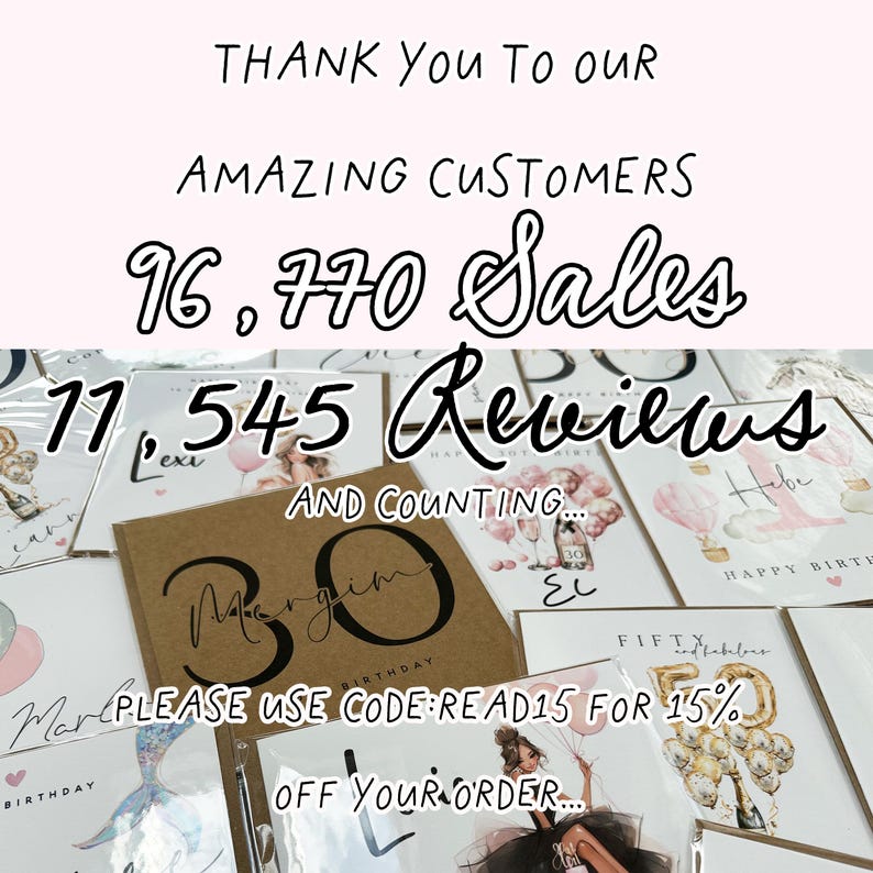 May include: A collection of birthday cards with various designs, including illustrations of balloons, champagne, and a mermaid. The image includes text that reads "THANK You To our AMAZING CUSTOMERS" and "16,770 Sales, 11,545 Reviews".