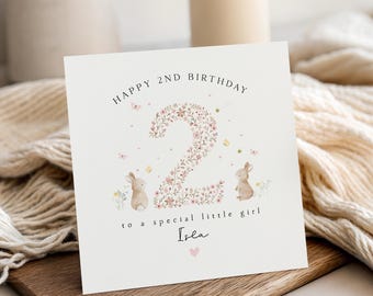 Personalised 2nd Birthday Card, Girls 2nd Birthday Card, Pink Bunny Second Birthday, Baby's Birthday Card, Daughter, Granddaughter, Niece