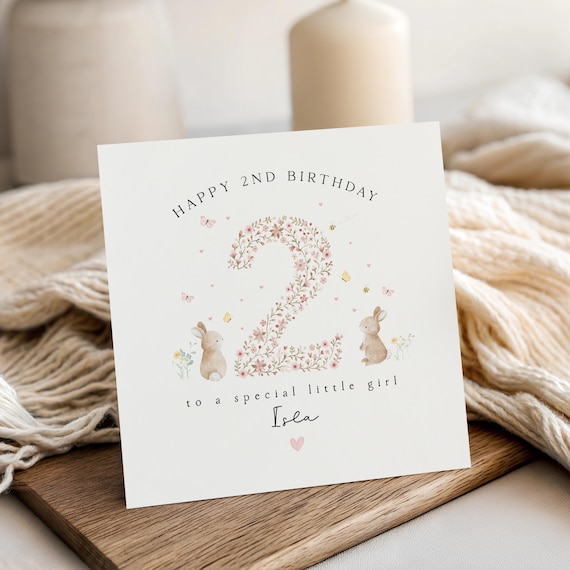 Personalised 2nd Birthday Card, Girls 2nd Birthday Card, Pink Bunny Second Birthday, Baby's Birthday Card, Daughter, Granddaughter, Niece
