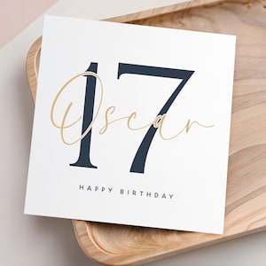 Personalised 17th Birthday Card, Special Milestone Card For Him, Birthday For Son, Grandson ,Nephew, Script & Navy 17, Seventeen Minimal