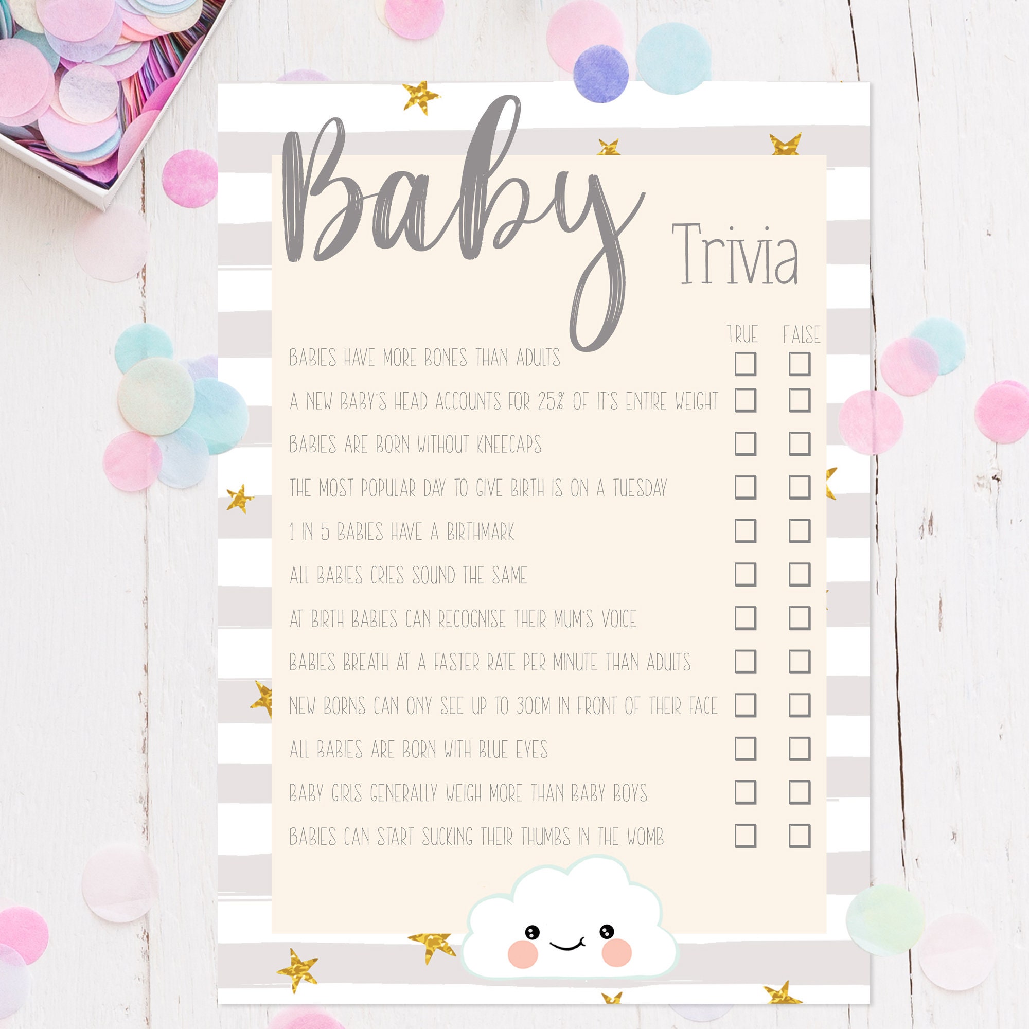 Baby Shower Trivia True or False Cards Grey Stripe Cloud Etsy UK