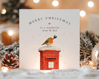 Mum & Dad Christmas Card-Personalised Christmas Card-Christmas Card For Mum Dad- Mom- Mam-Parents Christmas Gift-Custom Card-Robin Post Box