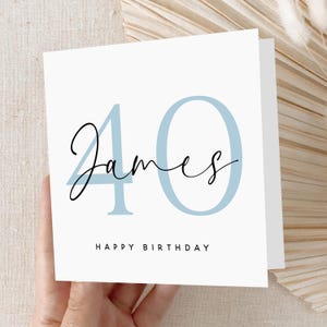 May include: A white card with a blue number "40" and the name "James" written in black cursive. The text "Happy Birthday" is printed in black below the number.