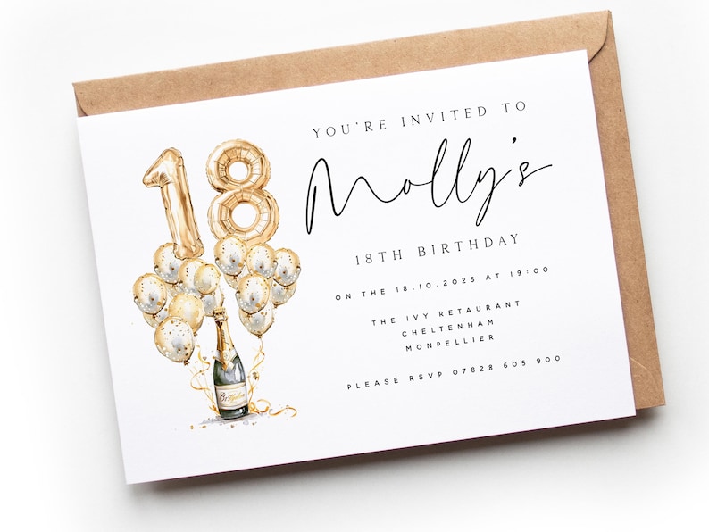 K&ouml;nnte beinhalten: Einladungskarte zum 18. Geburtstag von Molly. Sie zeigt goldene Luftballons in Form der Zahl 18 und eine Champagnerflasche. Der Text lautet: "Du bist eingeladen zu Mollys 18. Geburtstag".