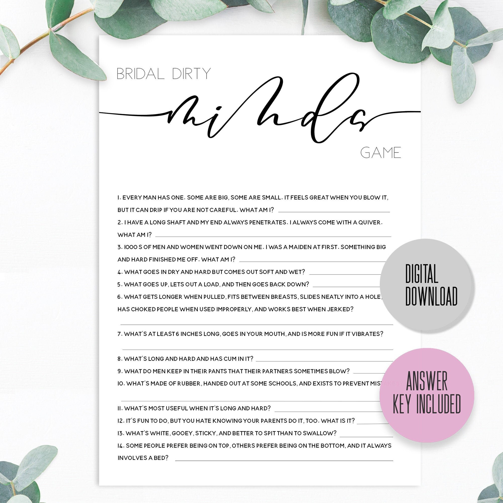 Bridal Shower Games PRINTABLE Dirty Minds Game Elegant Etsy Ireland