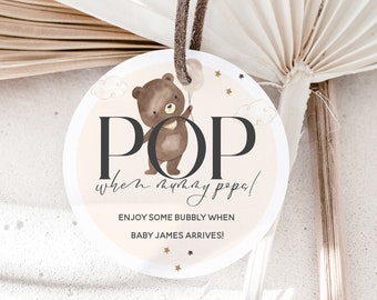 Pop When Mummy Pops Personalised Tags- Pop When She Pops- Bear Baby Shower Tags- Baby Shower Favour Tags- Prosecco tags-Gift Tags- x12 45mm