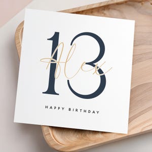 May include: A white birthday card with the number 13 in navy blue and the name "Alex" in gold script. The words "Happy Birthday" are printed in black at the bottom. The card is on a wooden tray.