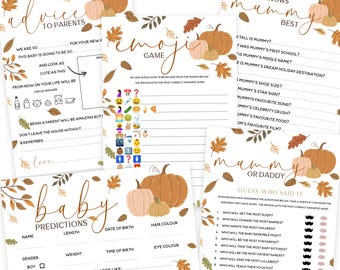 May include: A set of printable baby shower games with a fall theme. The games include "Who Knows Mommy Best", "Mommy or Daddy", "Emoji Game", and "Baby Predictions". The games feature a pumpkin and fall leaf design.