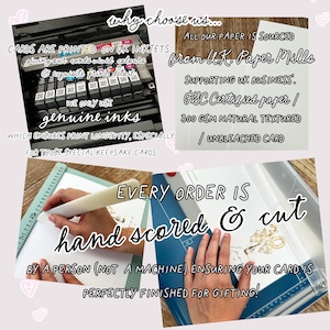 May include: Image showcasing the production process of cards. Text highlights 4K inkjet printing for vivid colors, genuine inks for longevity, and hand-scoring for a perfect finish. The paper is sourced from UK mills, FSC certified, and 300 GSM natural textured.