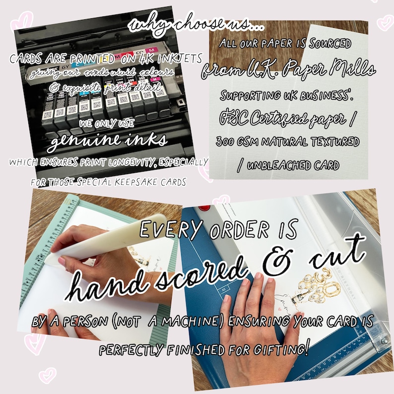 May include: Image showcasing the production process of cards. Text highlights 4K inkjet printing for vivid colors, genuine inks for longevity, and hand-scoring for a perfect finish. The paper is sourced from UK mills, FSC certified, and 300 GSM natural textured.