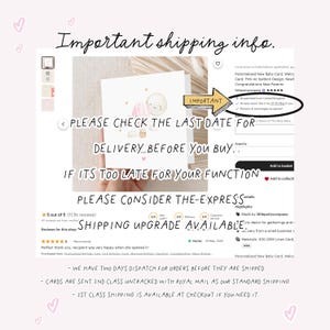 May include: A greeting card with a pink and gold hot air balloon design. The card has the text "Important shipping info." and "PLEASE CHECK THE LAST DATE FOR DELIVERY BEFORE YOU BUY." The card is for a new baby.