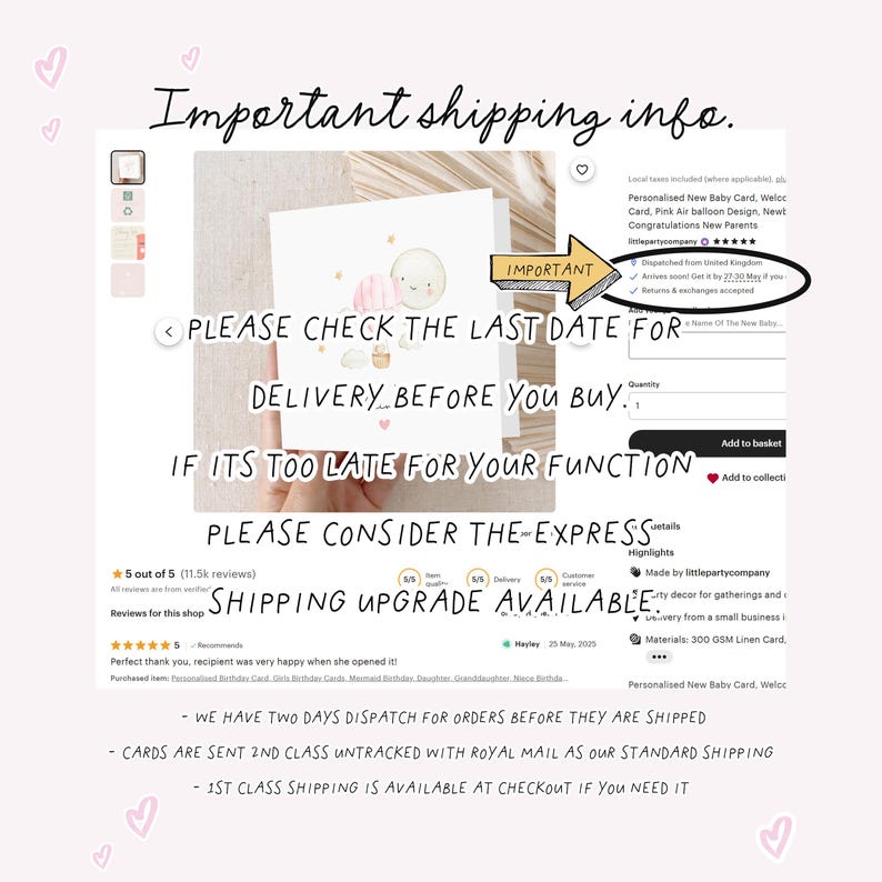 May include: A greeting card with a pink and gold hot air balloon design. The card has the text "Important shipping info." and "PLEASE CHECK THE LAST DATE FOR DELIVERY BEFORE YOU BUY." The card is for a new baby.