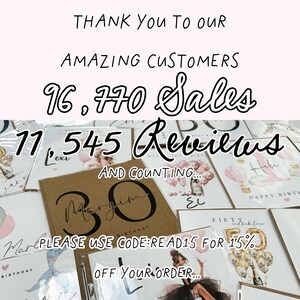May include: A collection of birthday cards with various designs, including illustrations of balloons, champagne glasses, and a mermaid. The cards are displayed with text that reads "THANK You To our AMAZING CUSTOMERS" and sales and review numbers.