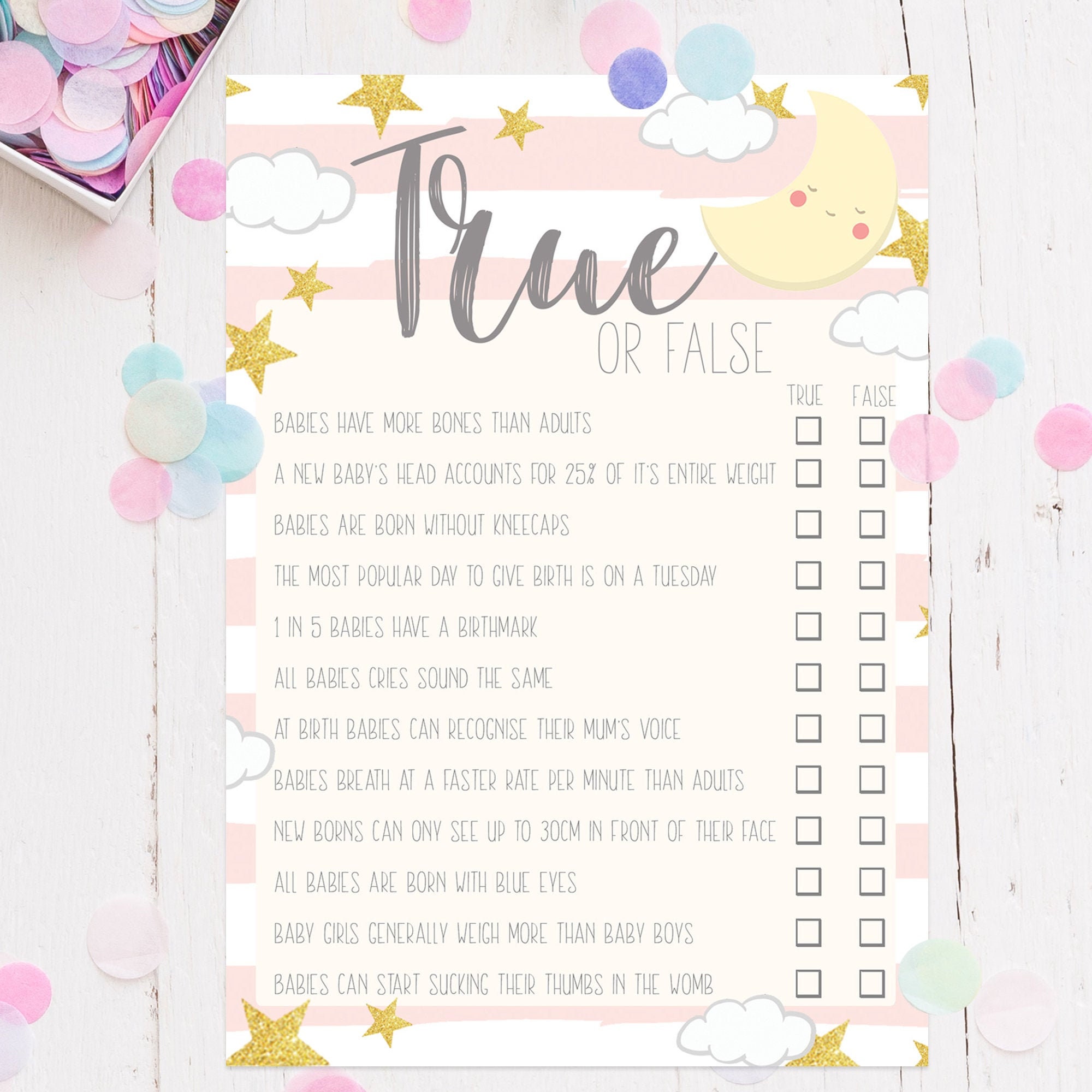 Baby Shower Trivia True or False Cards Pink Moon Stripe Design Etsy