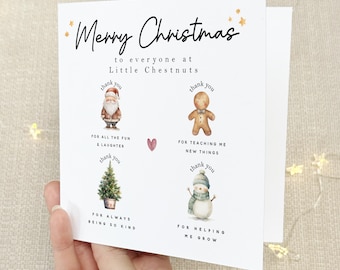 May include: A Christmas card with a watercolor illustration of Santa Claus, a gingerbread man, a Christmas tree, and a snowman. The card says "Merry Christmas to everyone at Little Chestnuts" and includes thank you messages for all the fun, teaching new things, always being kind, and helping to grow.