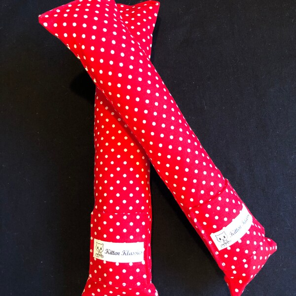 The Little Kick catnip kicker washable with pocket for treats/catnip in red and white dot print