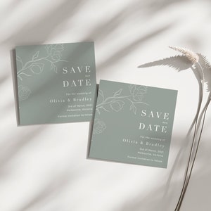 Save The Date, Hochzeit Save the Dates - Digitale, quadratische Einladung zum Herunterladen. Grün, floral, belaubt, einfache, moderne Designvorlage