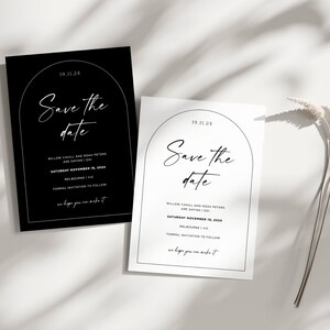 Minimalistischer Bogen Save the Date-Vorlage, druckbare Save the Date-Karten, Save The Day digitale Einladungen, schwarz bearbeitbare Save Our Date-Vorlage