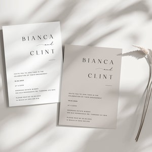 Elegante tarjeta imprimible de invitación de compromiso, invitación editable minimalista en gris para "Nos comprometemos", descarga de plantilla para fiesta, invitación digital electrónica de Evite.