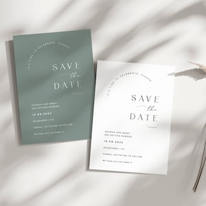 Afdrukbare Save The Date-kaart, saliegroen Save The Date, downloadbare moderne boog Save The Day-sjabloon, elegante cirkel digitale Save The Date