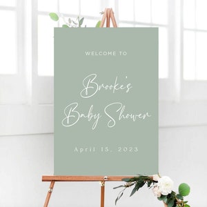 Cartello di benvenuto minimalista verde per baby shower, modello per cartello di benvenuto per baby shower, cartello di benvenuto color salvia, cartello per feste fantasioso, cartello stampabile per neonati