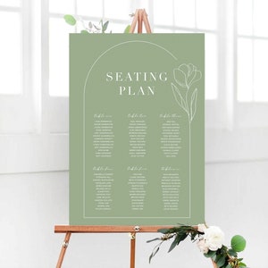 Saliegroen bruiloft zitplaatsen plan, boog zitplaatsen bord, bloemen lommerrijke zitplaatsen grafiek, digitale zitplaatsen sjabloon, afdrukbaar zitplaatsen bord