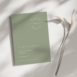 Modello Save The Date verde oliva, biglietti Save The Date stampabili, invito digitale Save The Day, modello Save The Date modificabile color cachi