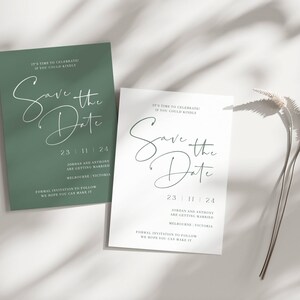 Afdrukbare Save The Date-kaart, saliegroen bewaar deze datum, downloadbare moderne Save The Day-sjabloon, aardachtig donkergroen digitale Save The Date