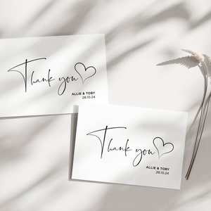 Cartão de agradecimento para casamento, Preto e branco, Cartão de presença, Para imprimir, Para baixar, Moderno, modelo de cartão de agradecimento, Coração de amor