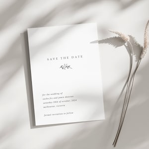 Invitación de boda imprimible con fecha de reserva, invitación en blanco y negro, invitaciones sutiles para fiesta con hojas, invitación blanca moderna imprimible y descargable
