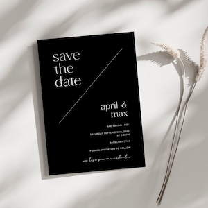 Druckbare Save The Date Karte, Schwarz Sparen Sie unser Datum, herunterladbare minimalistische einfache Save The Day Vorlage, elegante schwarze Digital Save The Date