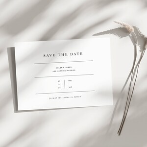 Druckbare Save the Date-Karte, weiße Save the Date-Vorlage, herunterladbare einfache Save The Day-Vorlage, elegante Save The Date-Postkarte Evite