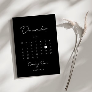 Schwarzer druckbarer Babyankündigungskalender, Liebes-Herz Fälligkeitsdatumskalender bearbeitbar, neutraler Schwangerschaftsankündigungsvorlagen-Download, digital