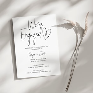 Leuke afdrukbare uitnodigingskaart, Black Love Heart We're Engaged bewerkbare uitnodiging, feestsjabloon downloaden, elektronische digitale Evite