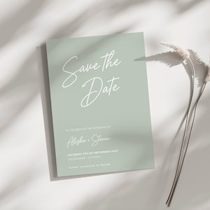 Druckbare Save The Date Karte, Salbei Grün Sparen Sie unser Datum, herunterladbare moderne erdige Save The Day Vorlage, Neutral Sage Digital Save The Date