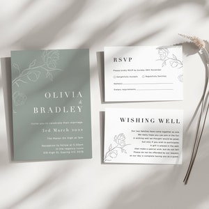 Wedding invitation printable - Wedding invite green and white - floral leafy invitation suite, minimalist invitation template, downloadable