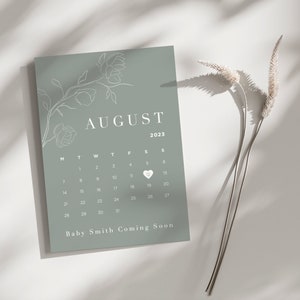 Bedruckbarer Babymitteilungskalender mit Blumen, grünes Liebesherz Fälligkeitsdatum bearbeitbar, grüner Schwangerschaftmitteilungsvorlage Download, digital